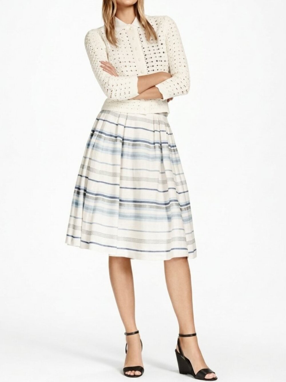 Brooks Brothers Women’s Pleated Midi Skirt Size 6 Blue Stripe Linen Cotton